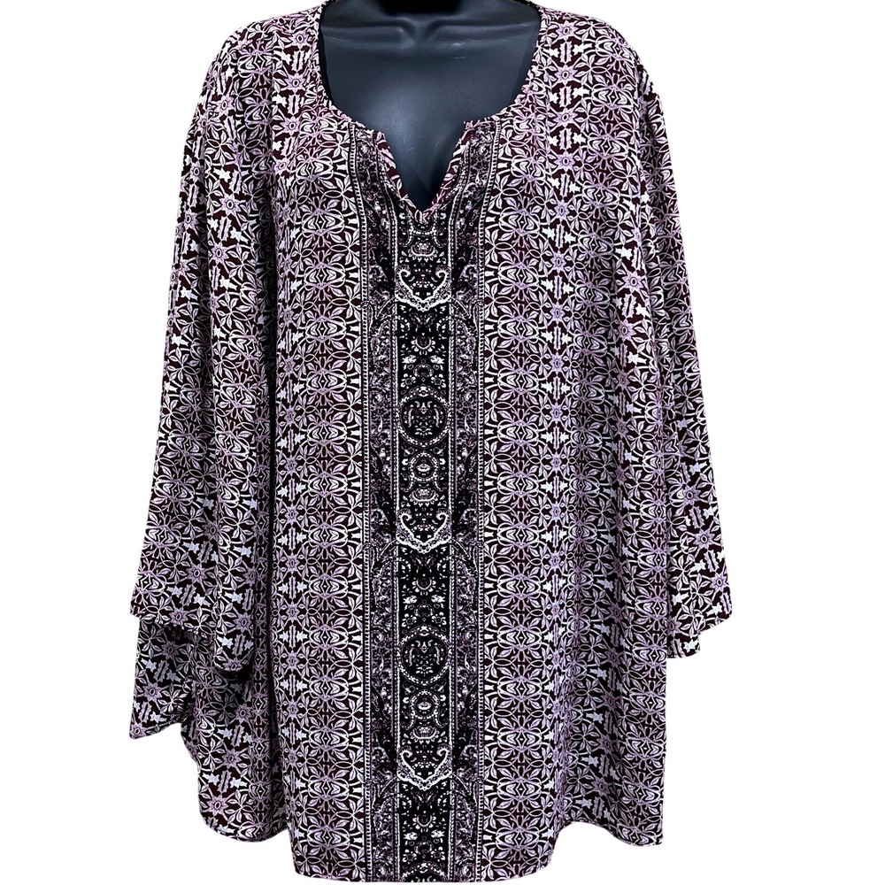 Cato Tunic Top Women 26/3X Burgundy Split Neck Long Sleeve Blouse Peasant Boho